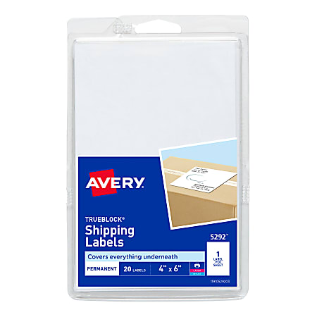 Avery® Permanent Shipping Labels with TrueBlock® Technology, 5292, 4" x 6", White Pack Of 20