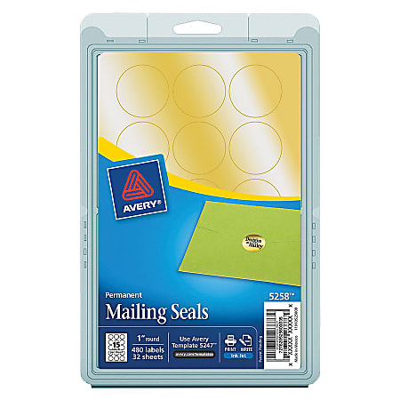 Avery® Print-Or-Write Permanent Mailing Seals, Gold, Pack Of 480