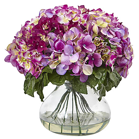 Nearly Natural Hydrangea 14-1/2”H Floral Arrangement With Large Vase, 14-1/2”H x 15”W x 14”D, Beauty