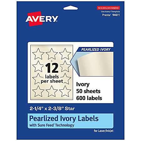 Avery® Pearlized Permanent Labels With Sure Feed®, 94611-PIP50, Star, 2-1/4" x 2-3/8", Ivory, Pack Of 600 Labels