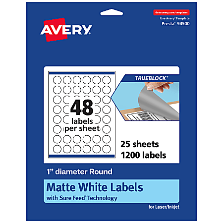 Avery® Print-To-The-Edge TrueBlock® Labels With Sure Feed®, 94500-TWMP25, Round, 1", Matte White, Pack Of 1200