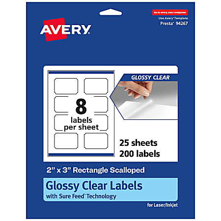Avery® Glossy Permanent Labels With Sure Feed®, 94267-CGF25, Rectangle Scalloped, 2" x 3", Clear, Pack Of 200