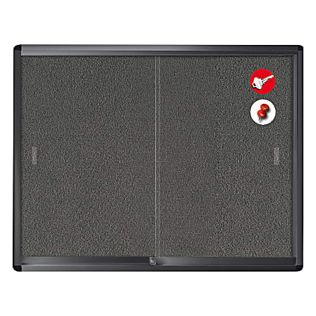 MasterVision® Enclosed Fabric Bulletin Board Cabinet With Aluminum Frame And Glass Slide Doors, 36" x 48", Grey/Graphite