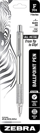 Zebra® Pen F-701 Stainless Steel Retractable Ballpoint Pen, Fine Point, 0.7 mm, Silver Barrel, Black Ink