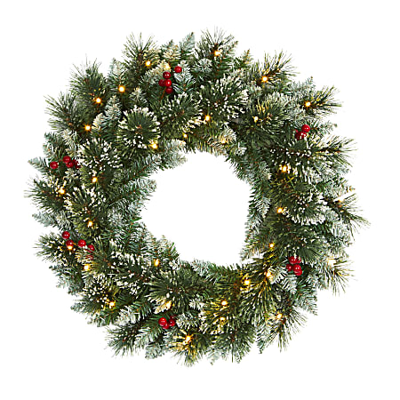 Nearly Natural 24”H Frosted Swiss Pine Artificial Wreath With 35 LED Lights And Berries, 24” x 5”, Green