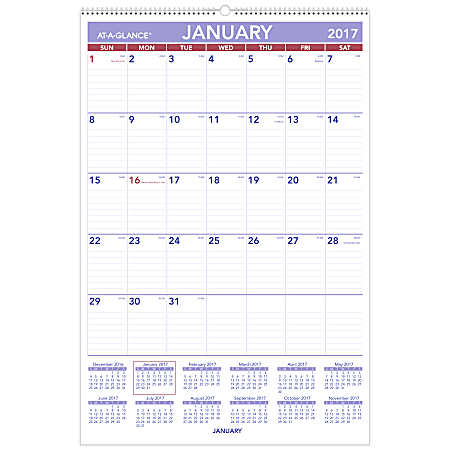 AT-A-GLANCE® Monthly Wall Calendar, 20" x 30", 30% Recycled, Blue/Red, January to December 2017