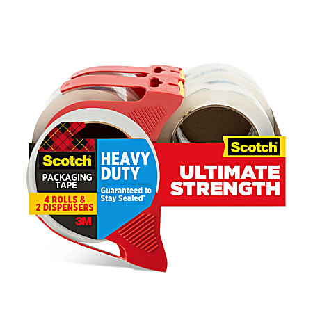 Scotch Heavy Duty Shipping Packing Tape, 4 Tape Rolls with Dispensers, 1 7/8 in x 54.6 yd, 3" Core, Designed for Packing, Shipping and Mailing, Guaranteed to Stay Sealed, Clear