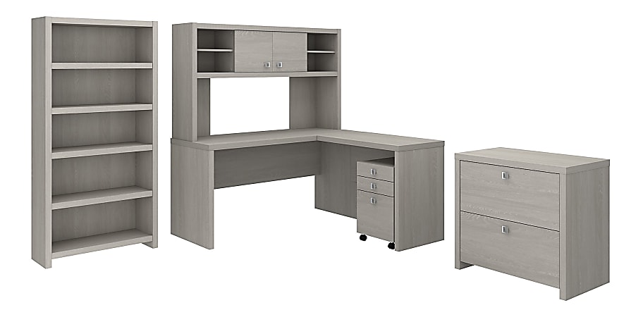 kathy ireland® Office by Bush Business Furniture Echo L Shaped Desk With Hutch, Bookcase And File Cabinets, Gray Sand, Premium Installation