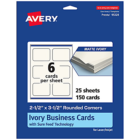Avery® Printable Rounded Corner Business Cards With Sure Feed® Technology, Print-To-The-Edge, 2.5"x3.5", Matte Ivory, Pack Of 150