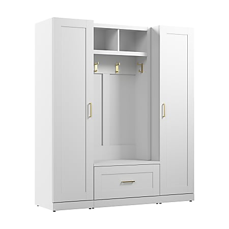 Bush Furniture Hampton Heights Full Entryway Storage Set With Hall Tree, Shoe Bench With Drawer And Cabinet, White, Standard Delivery