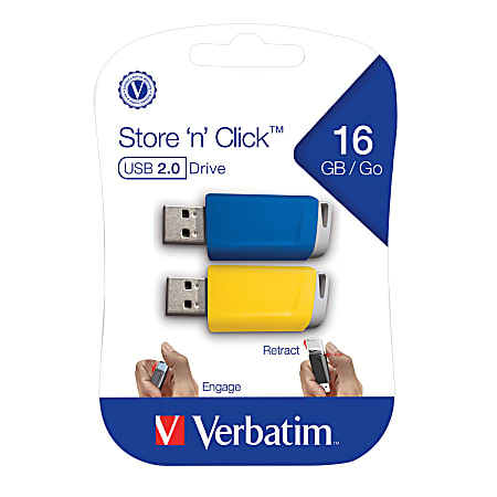 Verbatim® Store N Click USB 2.0 Flash Drive, 16GB, Blue/Yellow, Pack Of 2 Flash Drives