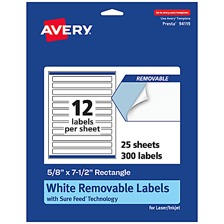 Avery® Removable Labels With Sure Feed®, 94119-RMP25, Rectangle, 5/8" x 7-1/2", White, Pack Of 300 Labels