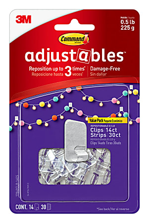 Command Adjustables Repositionable Clips, Clear, Pack Of 14 Clips/30 Strips