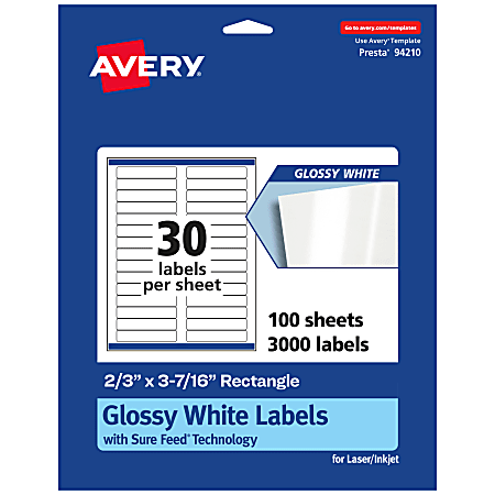 Avery® Glossy Permanent Labels With Sure Feed®, 94210-WGP100, Rectangle, 2/3" x 3-7/16", White, Pack Of 3,000