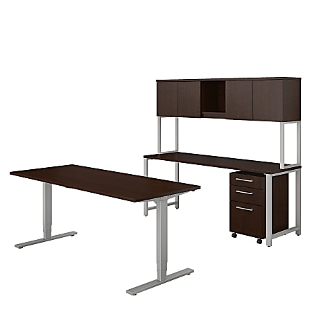 Bush Business Furniture 400 Series Height Adjustable Standing Desk with Credenza, Hutch and Storage, Mocha Cherry, Standard Delivery