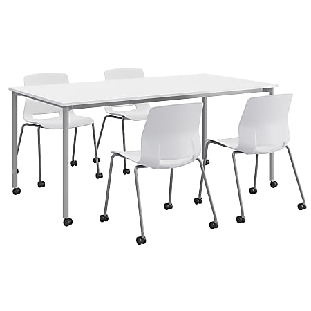 KFI Studios Dailey Table And 4 Chairs, With Caster, White/Silver Table, White/Silver Chairs
