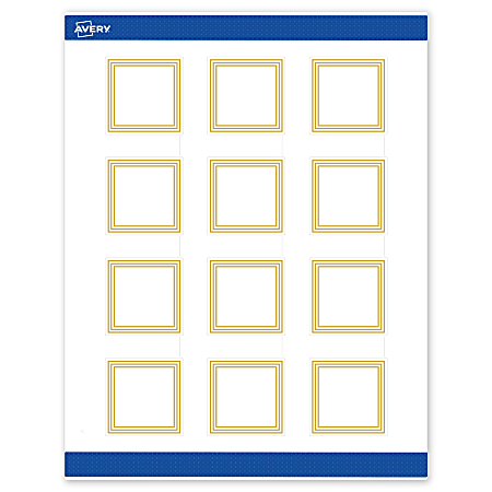Avery® Print-To-The-Edge Labels & Sure Feed®, S00-DHT-PRWMP10, 2" x 2", Matte White, Preprinted Multi-Lined Gold Border Design, Pack Of 120