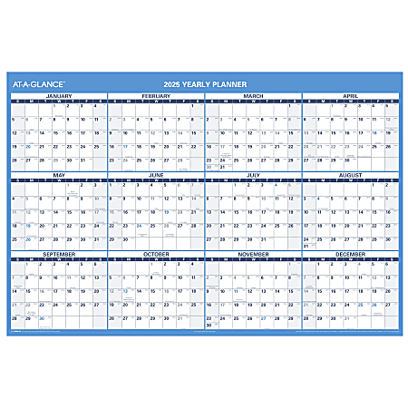 2025 AT-A-GLANCE® Horizontal Reversible Erasable Yearly Wall Calendar, 48" x 32", Blue, January To December