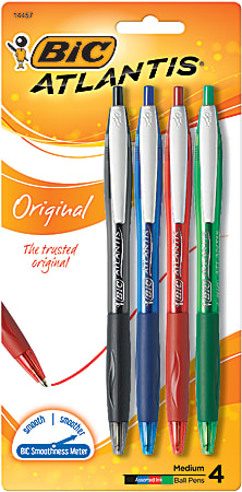 BIC Atlantis Retractable Ballpoint Pens Medium Point 1.0 mm Clear Barrel  Assorted Ink Colors Pack Of 4 - Office Depot
