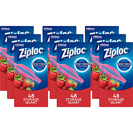 Ziploc® Quart Storage Seal Top Bags, Medium Size, 7-1/2” x 7”, Clear, 48 Bags Per Box, Carton Of 9 Boxes