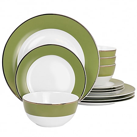 Martha Stewart Gold Rimmed 12-Piece Fine Ceramic Dinnerware Set, Green