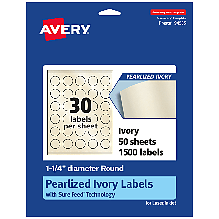 Avery® Pearlized Permanent Labels With Sure Feed®, 94505-PIP50, Round, 1-1/4" Diameter, Ivory, Pack Of 1,500 Labels