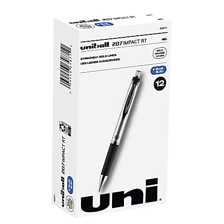 uni-ball® RT Gel Pens, 207™ Impact™, Bold Point, 1.0 mm, Gray Barrel, Blue Ink, Pack Of 12