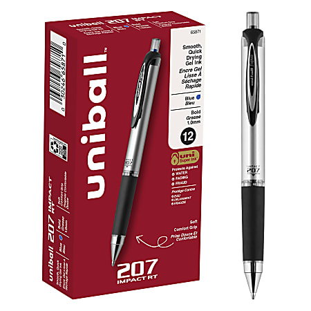 uni-ball® RT Gel Pens, 207™ Impact™, Bold Point, 1.0 mm, Gray Barrel, Blue Ink, Pack Of 12