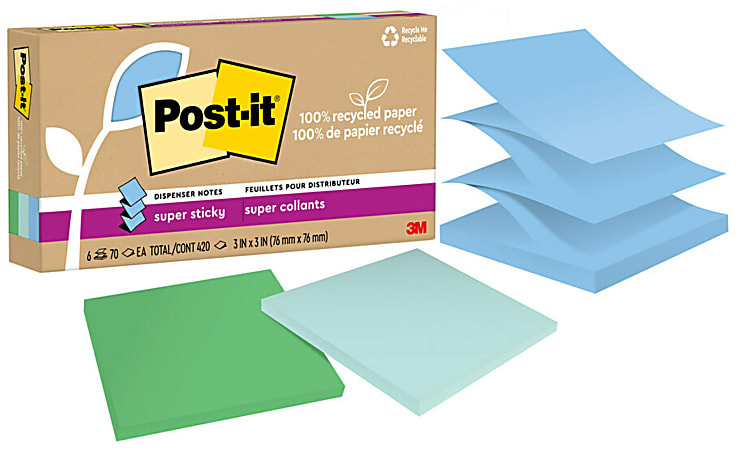 Post-it 100% Recycled Paper Super Sticky Pop-Up Notes, 420 Total Notes, Pack Of 6 Pads, 3” x 3”, Oasis Collection, 70 Notes Per Pad