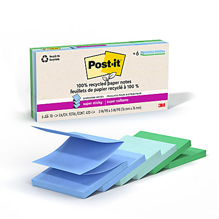 Post-it® 100% Recycled Paper Super Sticky Pop Up Notes, 420 Total Notes, Pack Of 6 Pads, 3” x 3”, Oasis Collection, 70 Notes Per Pad