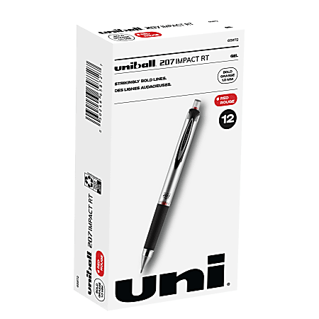 uni-ball® RT Gel Pens, 207™ Impact™, Bold Point, 1.0 mm, Gray Barrel, Red Ink, Pack Of 12