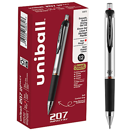 uni-ball® RT Gel Pens, 207™ Impact™, Bold Point, 1.0 mm, Gray Barrel, Red Ink, Pack Of 12