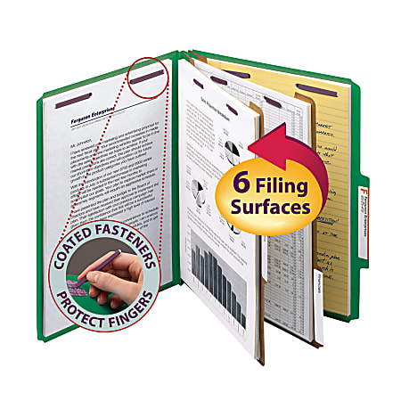 Smead® Pressboard Classification Folder with SafeSHIELD Fastener, 2 Dividers, Letter Size, 50% Recycled, Green
