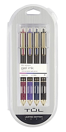TUL® Retractable Gel Pens, Medium Point, 0.7 mm, Black Barrel, Assorted Ink Colors, Pack Of 4 Pens