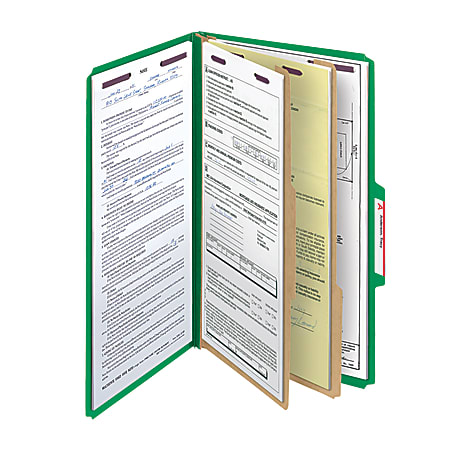 Smead® Pressboard Classification Folder With SafeSHIELD Fastener, 2 Dividers, Legal Size, 100% Recycled, Green