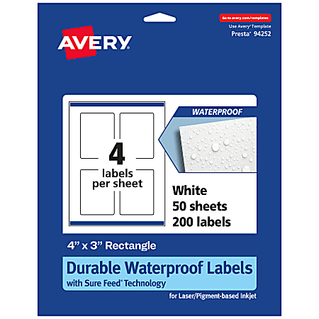 Avery® Waterproof Permanent Labels With Sure Feed®, 94252-WMF50, Rectangle, 4" x 3", White, Pack Of 200