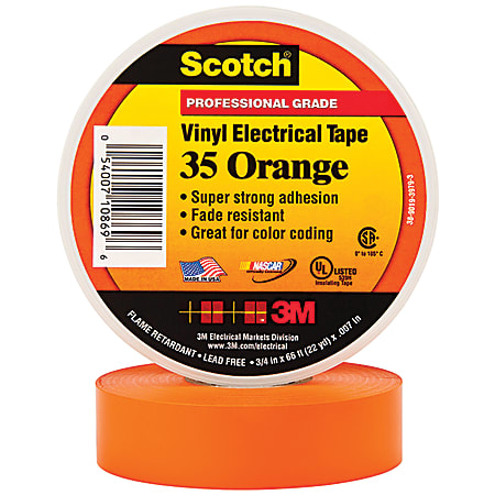 3M™ 35 Color-Coded Vinyl Electrical Tape, 1.5" Core, 0.75" x 66', Orange, Pack Of 10