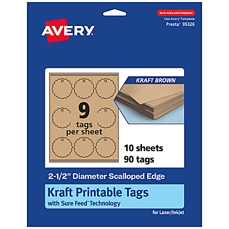 Avery® Printable Tags With Sure Feed® Technology, Print-To-The-Edge, 2.5", Kraft Brown, Pack Of 90