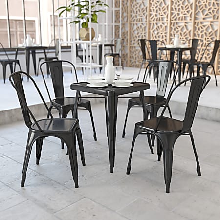 Flash Furniture Square Metal Indoor-Outdoor Table Set With 2 Stack Chairs, 29"H x 27-3/4"W x 27-3/4"D, Black