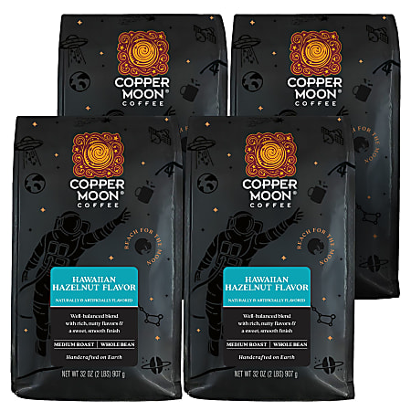 Copper Moon Whole Bean Coffee, Medium Roast, Hawaiian Hazelnut Blend, 4 Bags (2 lbs Each)