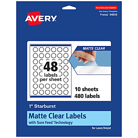 Avery® Permanent Labels With Sure Feed®, 94606-CMF10, Starburst, 1", Matte Clear, Pack Of 480