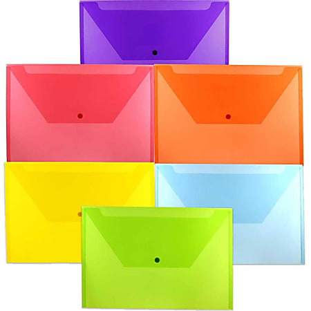 JAM Paper® Plastic Legal Booklet Envelopes, 9-3/4" x 14-1/2", Snap Closures, Assorted Colors, Pack Of 6 Envelopes