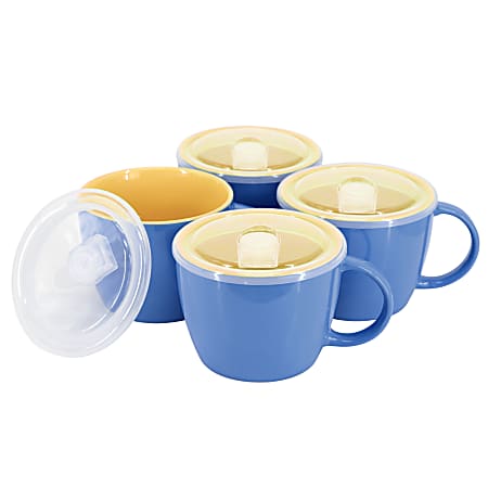 Gibson Home On The Go 4-Piece Stoneware Soup Cup Set With Lids, 25 Oz, Blue