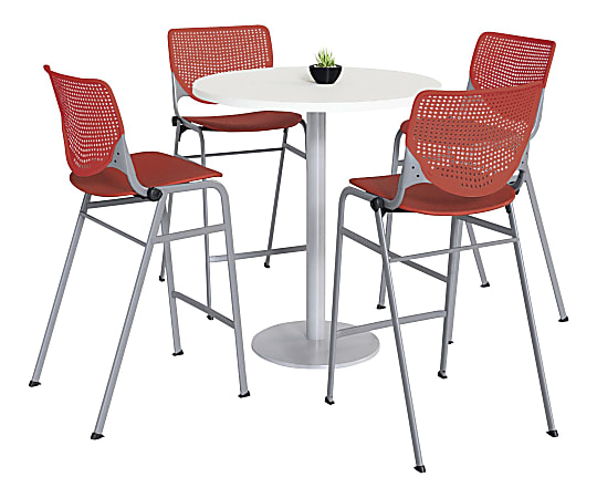 KFI Studios KOOL Round Pedestal Table With 4 Stacking Chairs, 41"H x 36"D, Designer White/Coral Orange