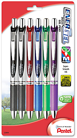 toren Messing Rechthoek Pentel EnerGel RTX Retractable Liquid Gel Pens Medium Point 0.7 mm  54percent Recycled Silver Barrel Assorted Ink Colors Pack Of 6 Pens -  Office Depot
