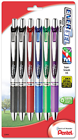 Pentel EnerGel RTX Retractable Liquid Gel Pens Medium Point 0.7 mm  54percent Recycled Silver Barrel Assorted Ink Colors Pack Of 6 Pens -  Office Depot