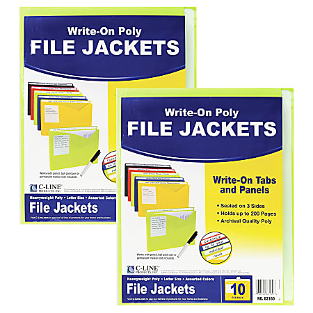 C-Line Write-On Poly File Jackets, 8-1/2" x 11", Assorted Colors, 10 Jackets Per Pack, Set Of 2 Packs