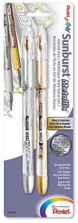 Sunburst™ Gel Roller Pens, Medium Point, 0.8 mm, Clear Barrel, Gold/Silver Ink, Pack Of 2