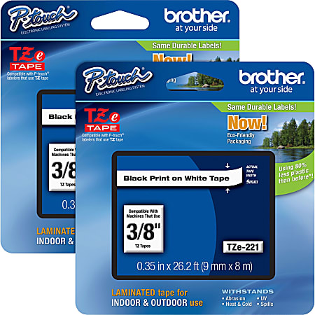 Brother® P-touch TZe Laminated Tape Cartridges, 3/8"W x 26 1/5'L , Rectangle, White, 2 Per Bundle