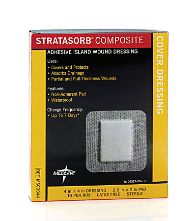 Medline Stratasorb Composite Island Dressings, 4" x 4", White, Box Of 10